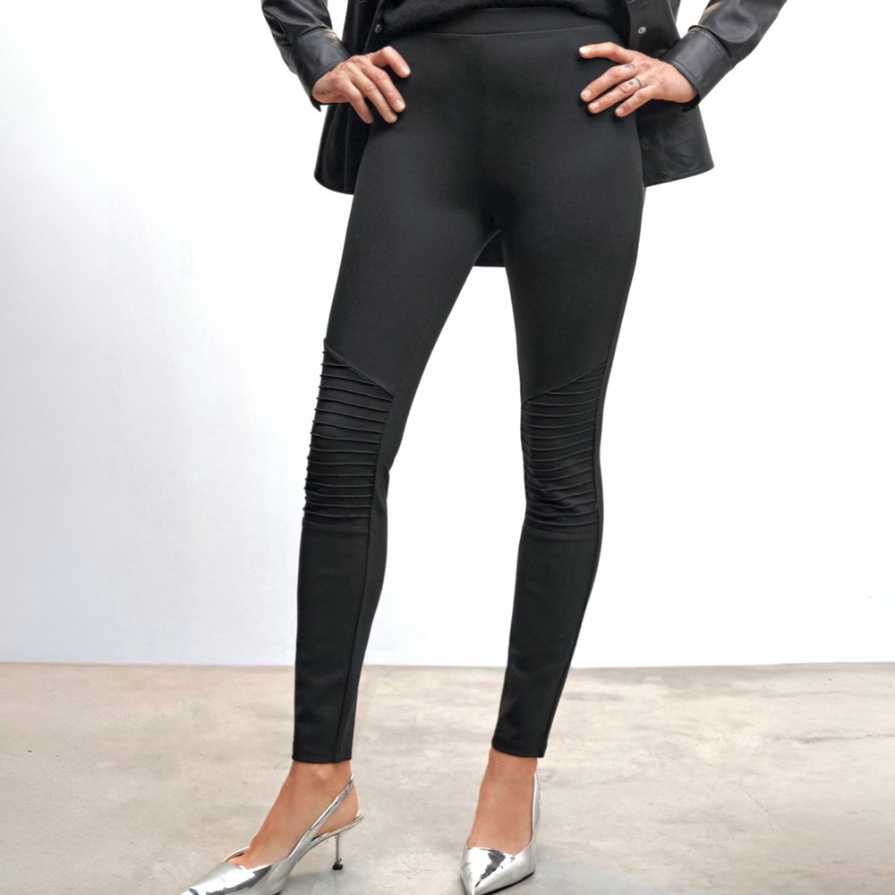 MNG by Mango Black Biker Leggings -‎ Ribbed Moto Details - Size L